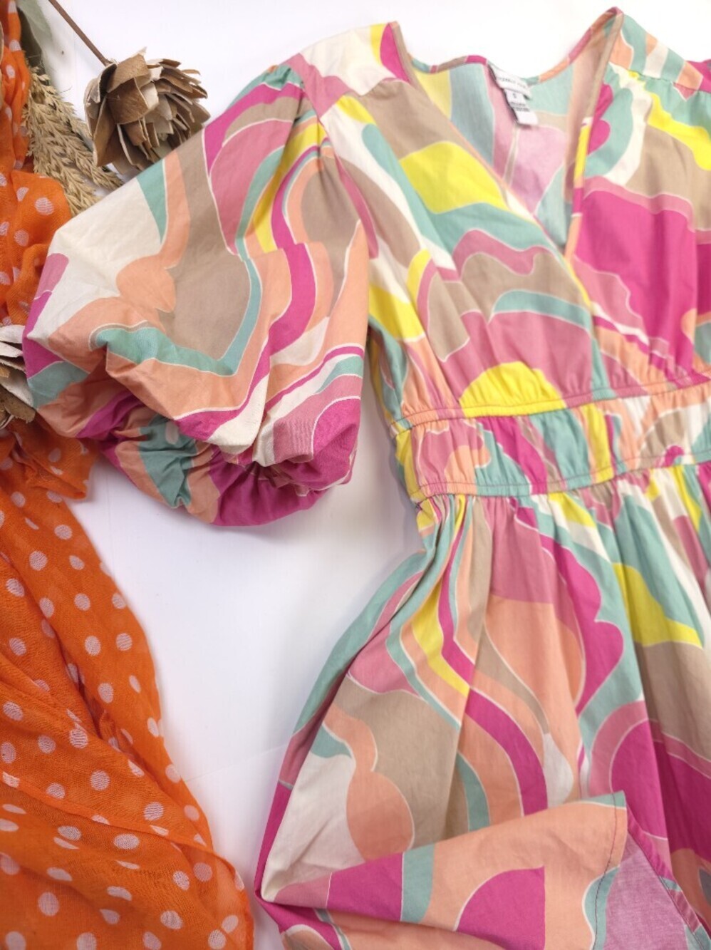 Sincerely Jules Colorful Swirl V-Neck Puff Sleeve Dress S - Picture 13 of 14
